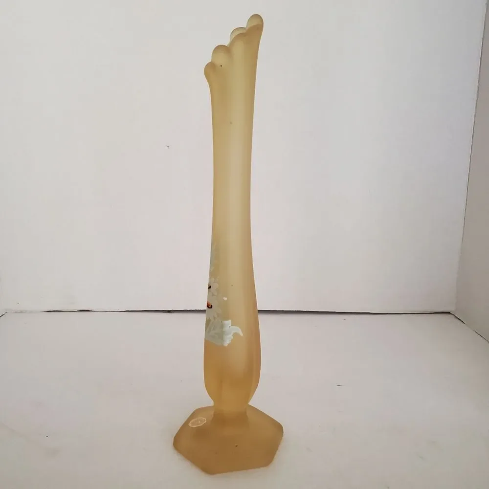 Westmoreland Yellow Satin Glass Swung Vase Daisy Floral Bud Vase 10.5